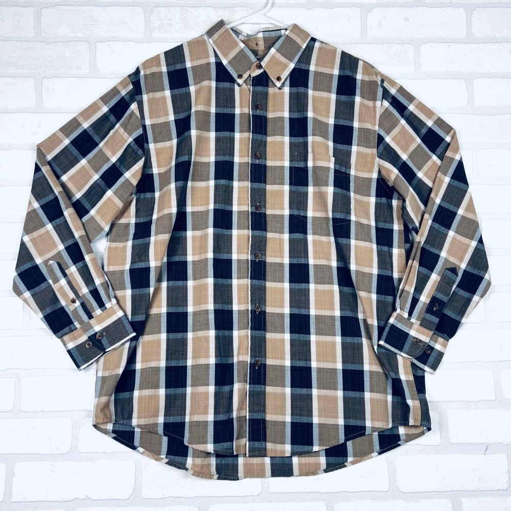Haggar Mens Brown Plaid Button Down Long‎ Sleeve Casual Shirt Size Large